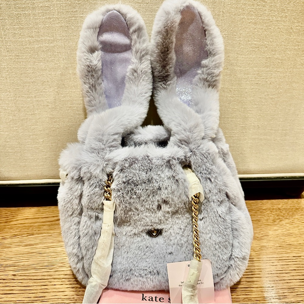 KATE SPADE Fluff Embellished Faux Fur Bucket Shoulder Bag | Lavender Bunny | NEW - Picture 7 of 8